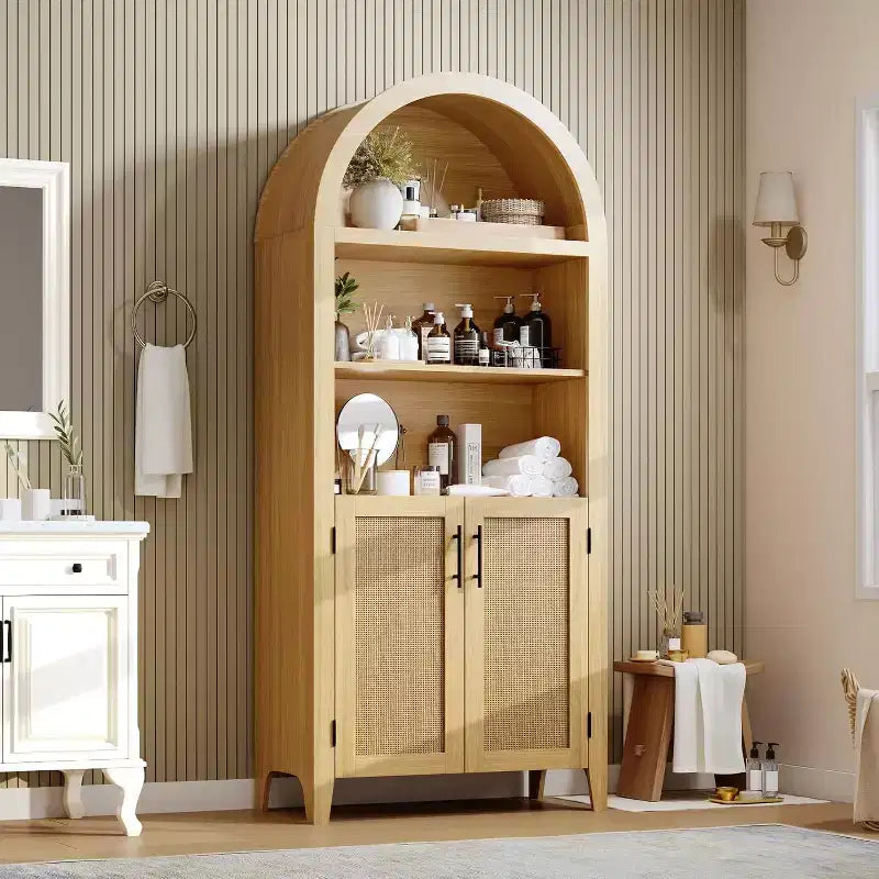 Acekool Arched Pantry Cabinet with Rattan Doors, 5-Tier Farmhouse Storage Cabinet for Kitchen Dining Living Room