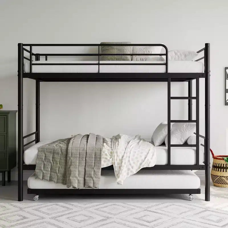 MAYEERTY Lit superposé noir en métal, taille double, avec lit gigogne, échelle, barrière de sécurité pleine longueur, sans bruit, pas besoin de sommier tapissier