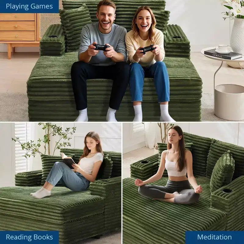 Corduroy 3-Seat Lounge Sofa with Cup Holders & Charging Ports