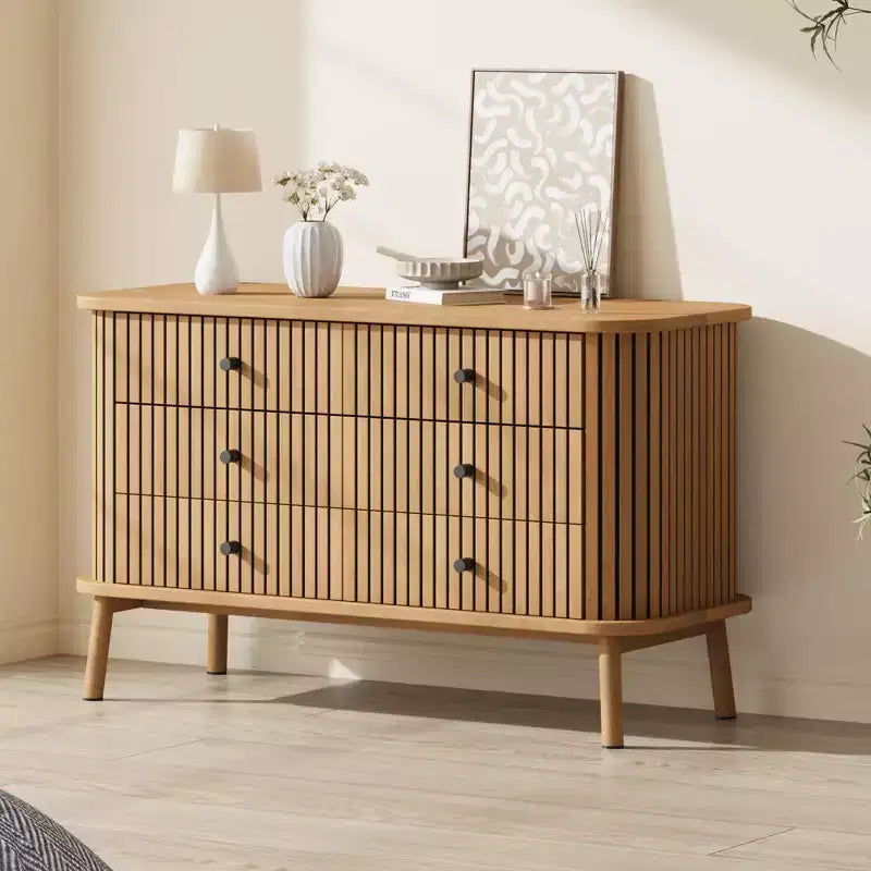Dresser, 6 Drawer Horizontal Chest with Black Handles & Wooden Legs, Natural Wood Look