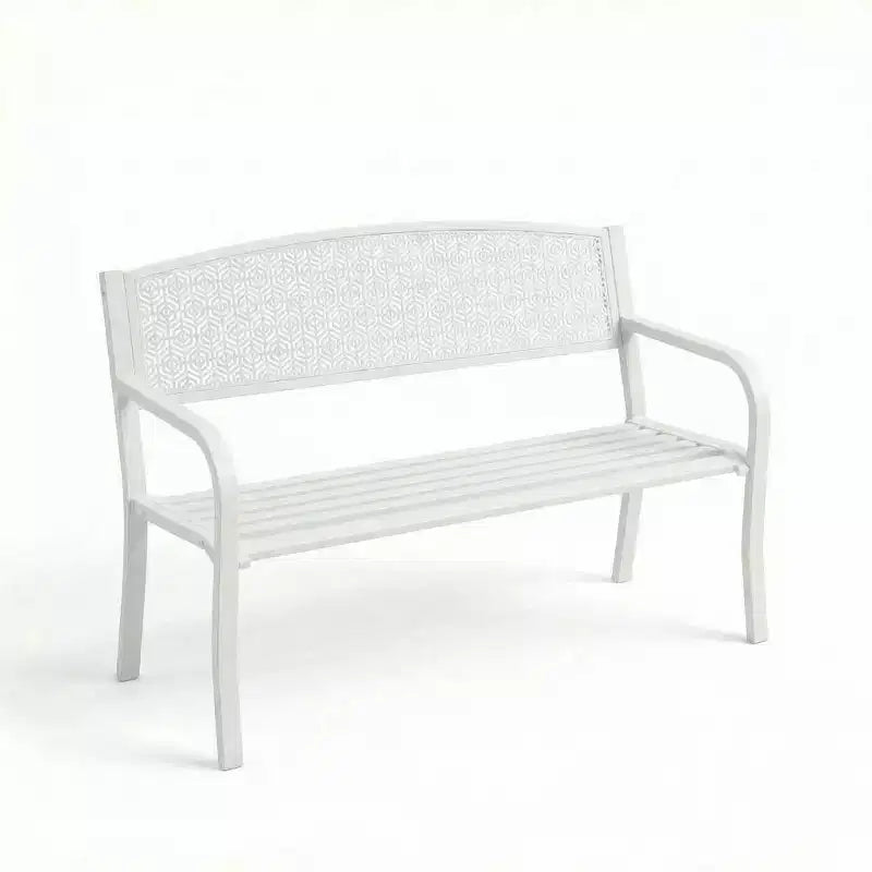 2 Person Metal Outdoor Bench for Garden, Steel Benches Furniture with Geometric Backrest for Patio, Garden & Porch
