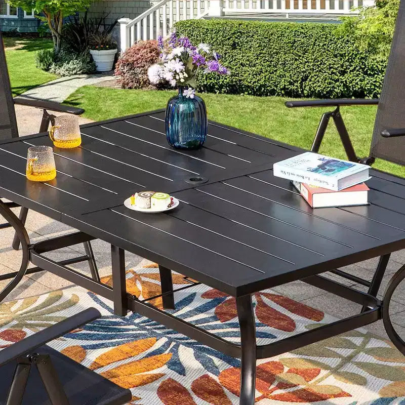 7pc Patio Set with Rectangle Table & Reclining Sling Chairs with Armrests - Captiva Designs: Outdoor Dining Furniture