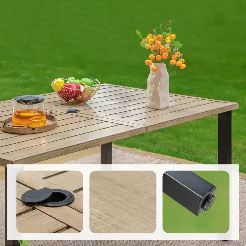 7pc Patio Dining Set with Rectangular Faux Wood Table with Umbrella Hole & Chairs - Captiva Designs: Weather-Resistant, Steel Frame