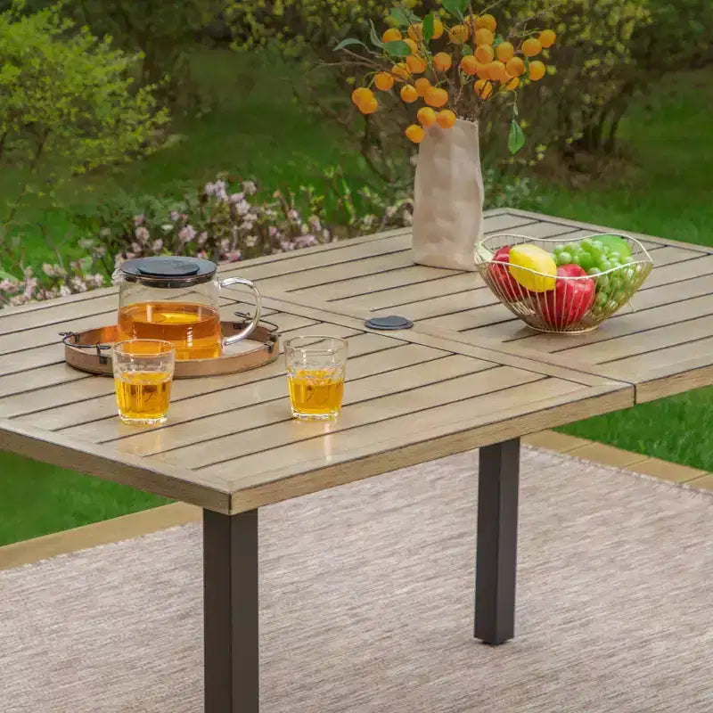 7pc Patio Dining Set with Rectangular Faux Wood Table with Umbrella Hole & Chairs - Captiva Designs: Weather-Resistant, Steel Frame