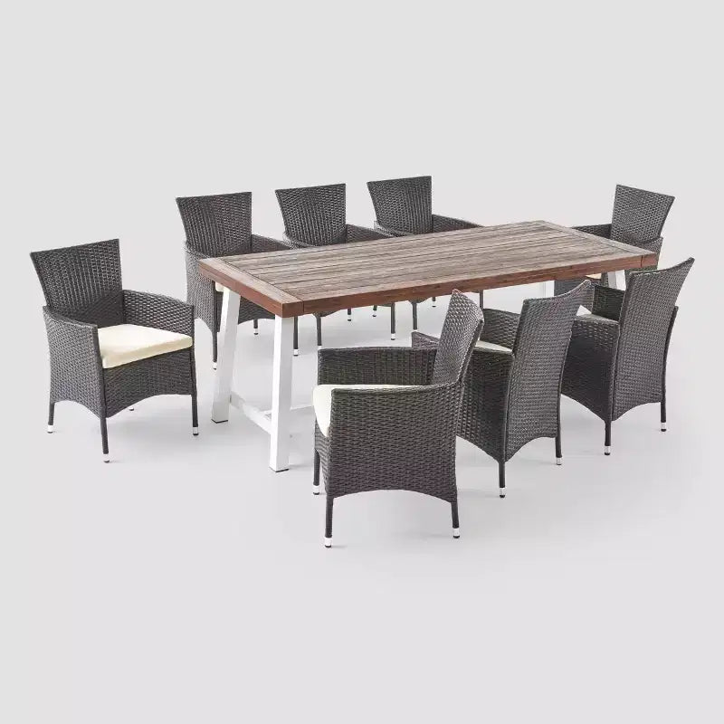 Flamingo 9pc Wood and Wicker Dining Set Dark Brown/Multibrown/Beige - Christopher Knight Home: Weather-Resistant, 8 Chairs