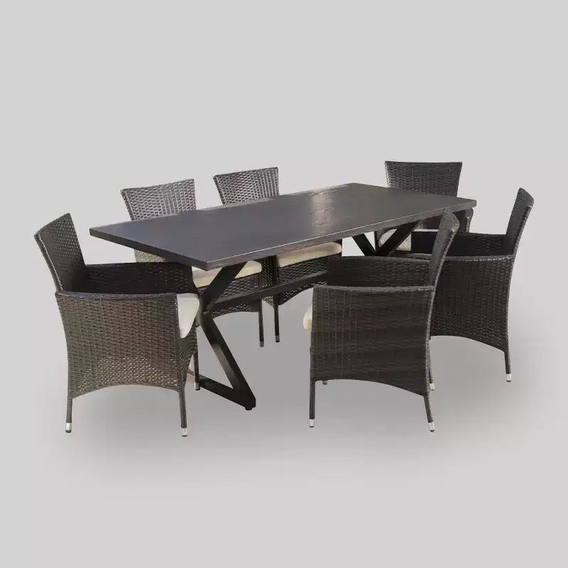 Dion 7pc Aluminum & Wicker Patio Dining Set - Brown - Christopher Knight Home: Weather-Resistant with Polyester Cushions