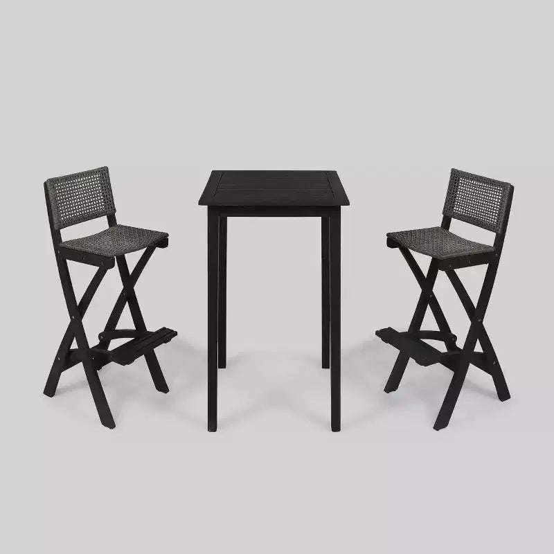 Polaris 3pc Wood and Wicker 26" Square Bar Set Dark Gray - Christopher Knight Home: Weather-Resistant Patio Dining Set with 2 Stools