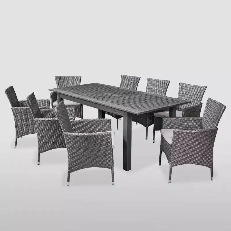 Nadia 9pc Wood and Wicker Expandable Dining Set Gray: Acacia Frame, PE Rattan, Cushions - Christopher Knight Home