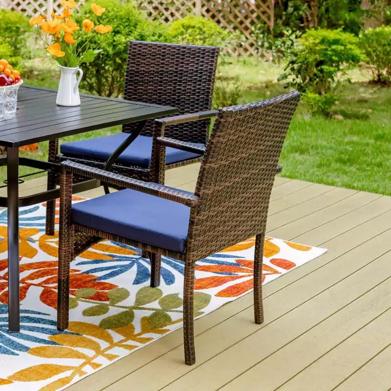 3pc Patio Dining Set with 22" Square Metal Table with Umbrella Hole & 2 Rattan Chairs - Black - Captiva Designs