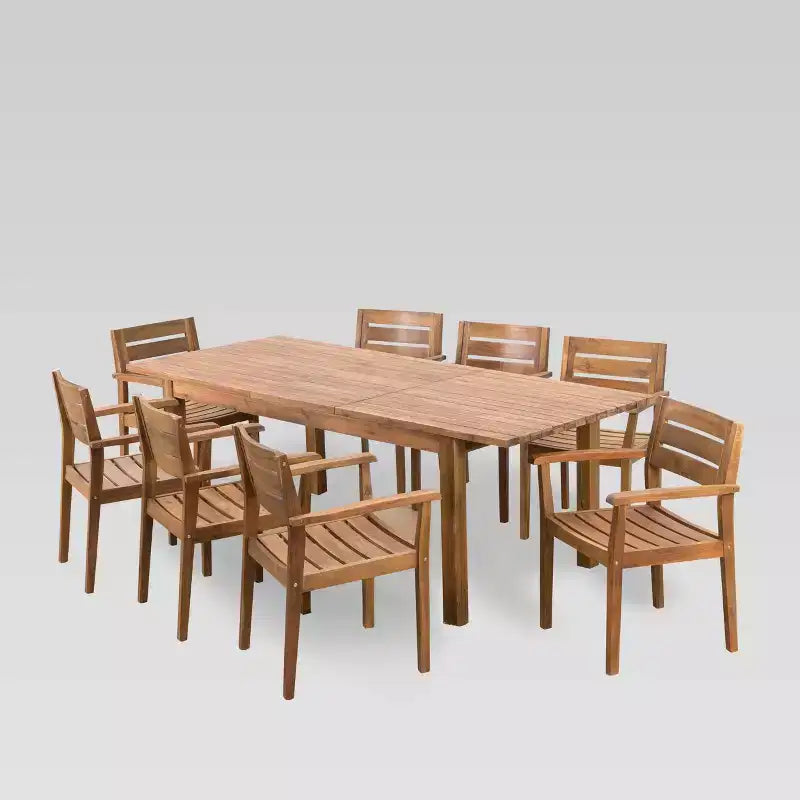 Ensemble de salle à manger Wilson 9 pièces en bois d'acacia avec table extensible - Teck - Christopher Knight Home : Résistant aux intempéries, ensemble de patio 8 places