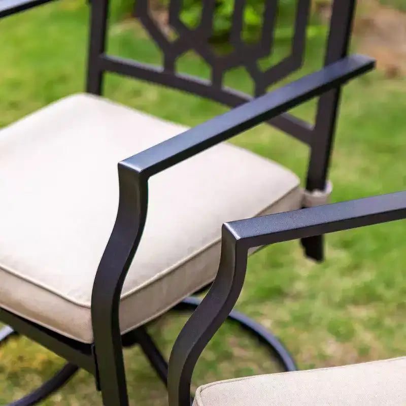 3pc Wrought Iron Patio Dining Set with Square Table with Umbrella Hole & Swivel Chairs - Captiva Designs