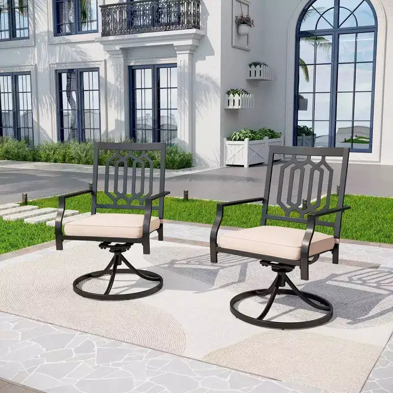 3pc Wrought Iron Patio Dining Set with Square Table with Umbrella Hole & Swivel Chairs - Captiva Designs