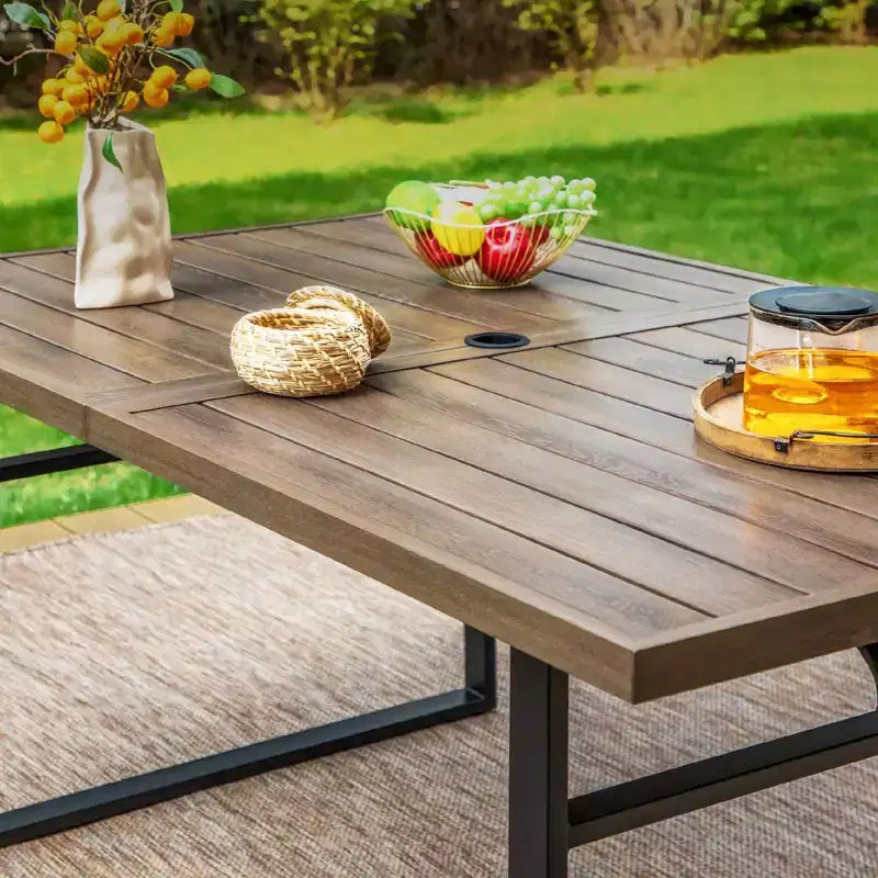 7pc Patio Dining Set with Faux Wood Rectangular Table with Umbrella Hole & Folding Reclining Chairs - Captiva Designs