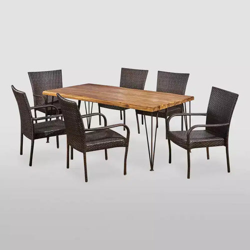 7pc Walker Acacia & Wicker Patio Dining Set Teak - Christopher Knight Home: Outdoor Seating, Hairpin Table