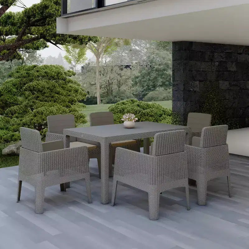 Lucca 7pc Dining Set with Cushions: Weather-Resistant Polypropylene, UV Protection - DUKAP