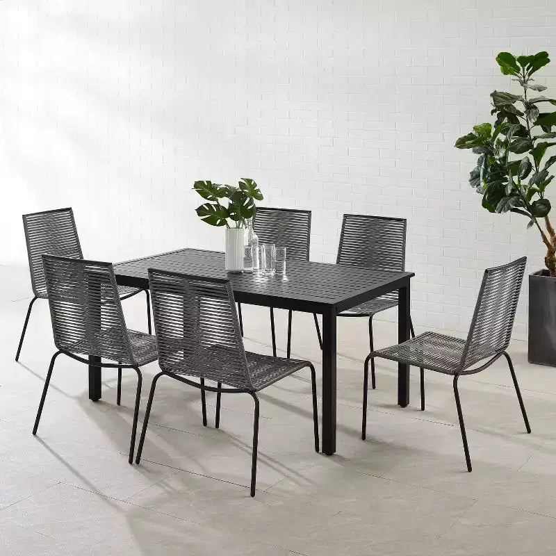 Fenton 7pc Outdoor Wicker/Metal Dining Set: Stackable Chairs, Water & UV Resistant - Crosley