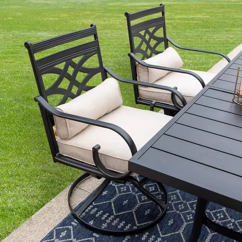 5pc Outdoor Dining Set with Swivel Chairs with Thick Seat & Back Cushions & Square Faux Wood Tabletop with Umbrella Hole - Captiva Designs
