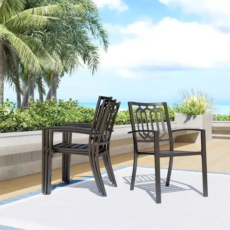 7pc Patio Dining Set with 59"x35" Steel Rectangle Table with 1.57" Umbrella Hole and 6 Steel Arm Chairs Black - Captiva Designs