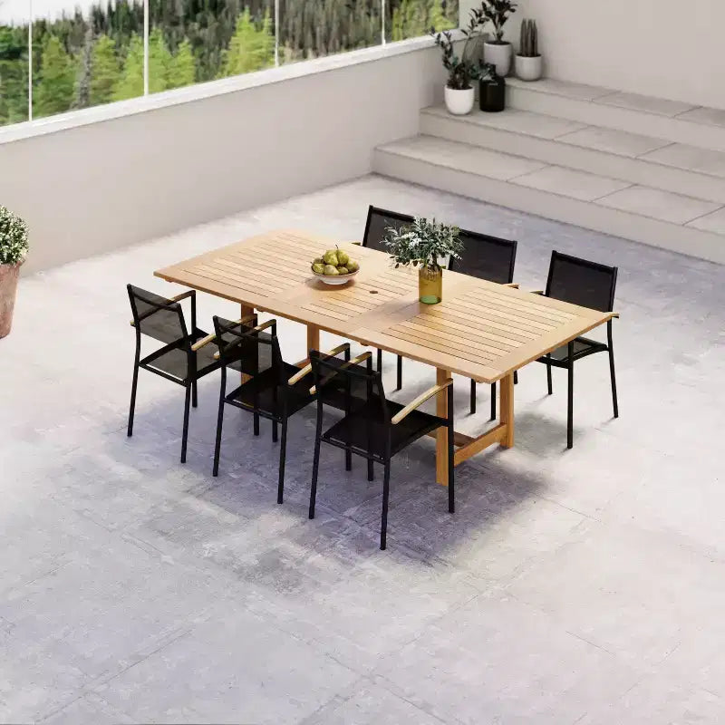 Amazonia Lapa 7pc Aluminum and Teak Finish Wood 100% Rectangular Extendable Patio Dining Set Black