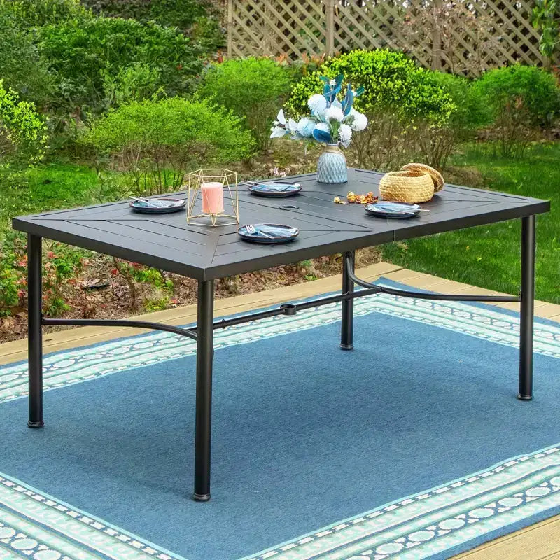Ensemble de salle à manger d'extérieur 7 pièces avec chaises en aluminium et grande table rectangulaire en métal avec trou pour parasol - Gris - Captiva Designs