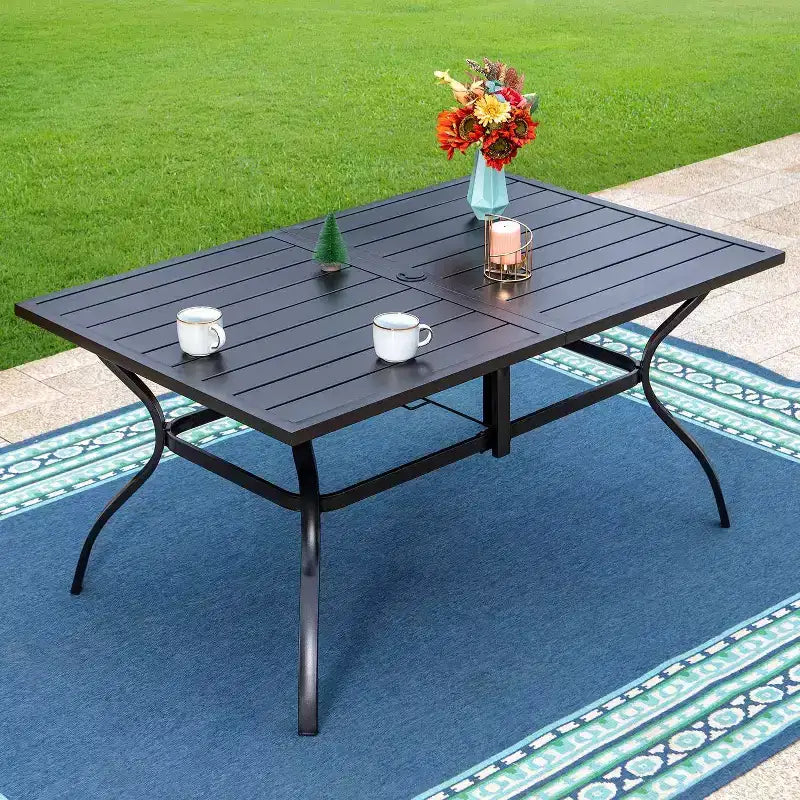 Ensemble de salle à manger d'extérieur 8 pièces avec table à plateau à lattes en métal et chaises en fer forgé - Noir/Beige - Captiva Designs