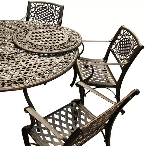 7pc Patio Dining Set with 59" Ornate Traditional Mesh Lattice Aluminum Round Table with Lazy Susan - Bronze - Oakland Living: UV-Resistant
