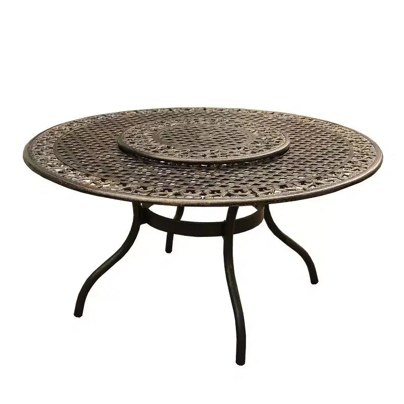 7pc Patio Dining Set with 59" Ornate Traditional Mesh Lattice Aluminum Round Table with Lazy Susan - Bronze - Oakland Living: UV-Resistant