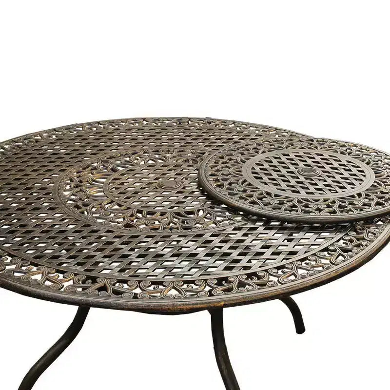7pc Patio Dining Set with 59" Ornate Traditional Mesh Lattice Aluminum Round Table with Lazy Susan - Bronze - Oakland Living: UV-Resistant