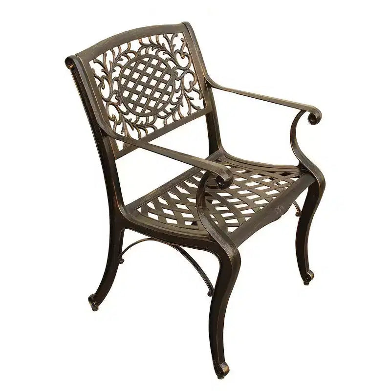 7pc Patio Dining Set with 59" Ornate Traditional Mesh Lattice Aluminum Round Table with Lazy Susan - Bronze - Oakland Living: UV-Resistant