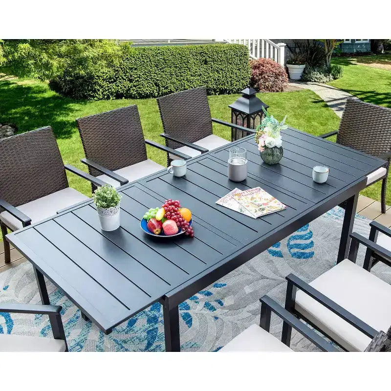 9pc Outdoor Dining Set with Extendable Table & Rattan Wicker Chairs - Beige - Captiva Designs: Powder-Coated Steel Frame, Weather-Resistant