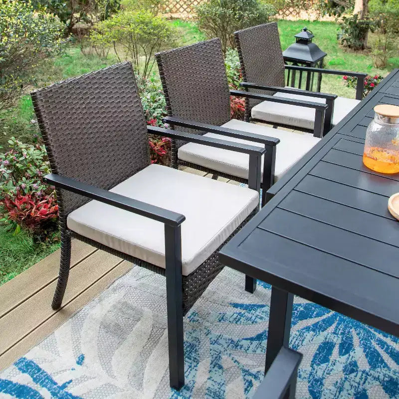 9pc Outdoor Dining Set with Extendable Table & Rattan Wicker Chairs - Beige - Captiva Designs: Powder-Coated Steel Frame, Weather-Resistant