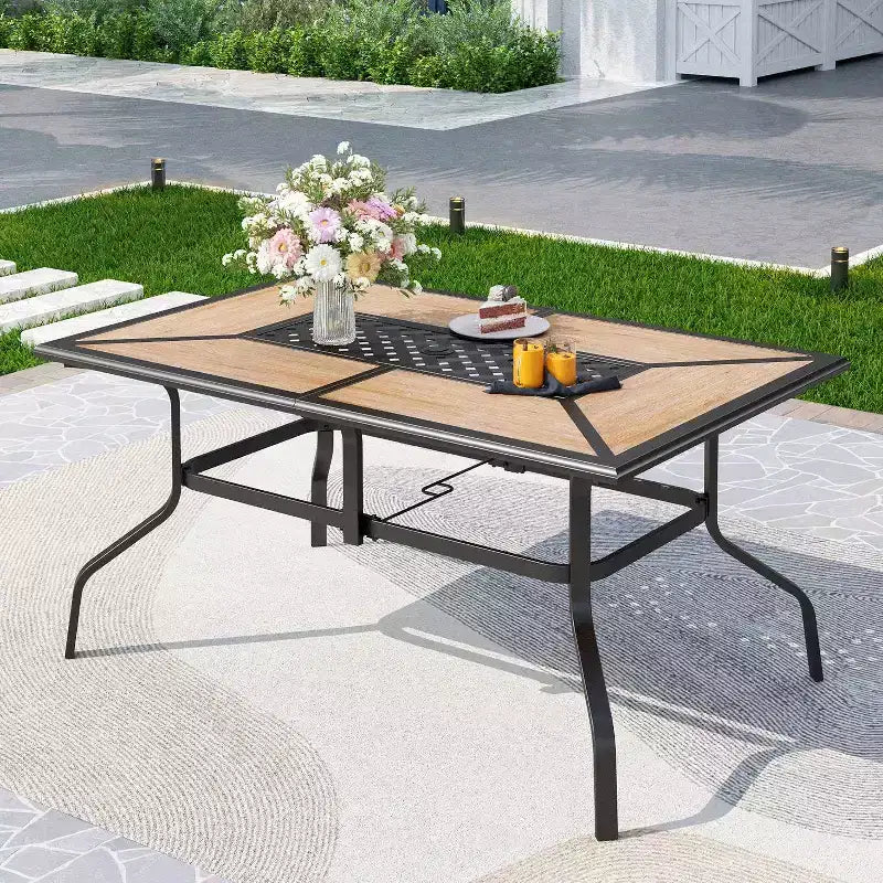 7pc Patio Dining Set with Faux Wood/Steel Table with Umbrella Hole & Metal Padded Arm Chairs - Captiva Designs