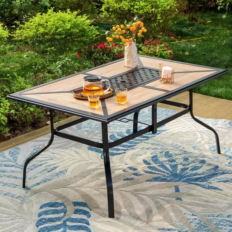 7pc Patio Dining Set with Faux Wood/Steel Table with Umbrella Hole & Metal Padded Arm Chairs - Captiva Designs