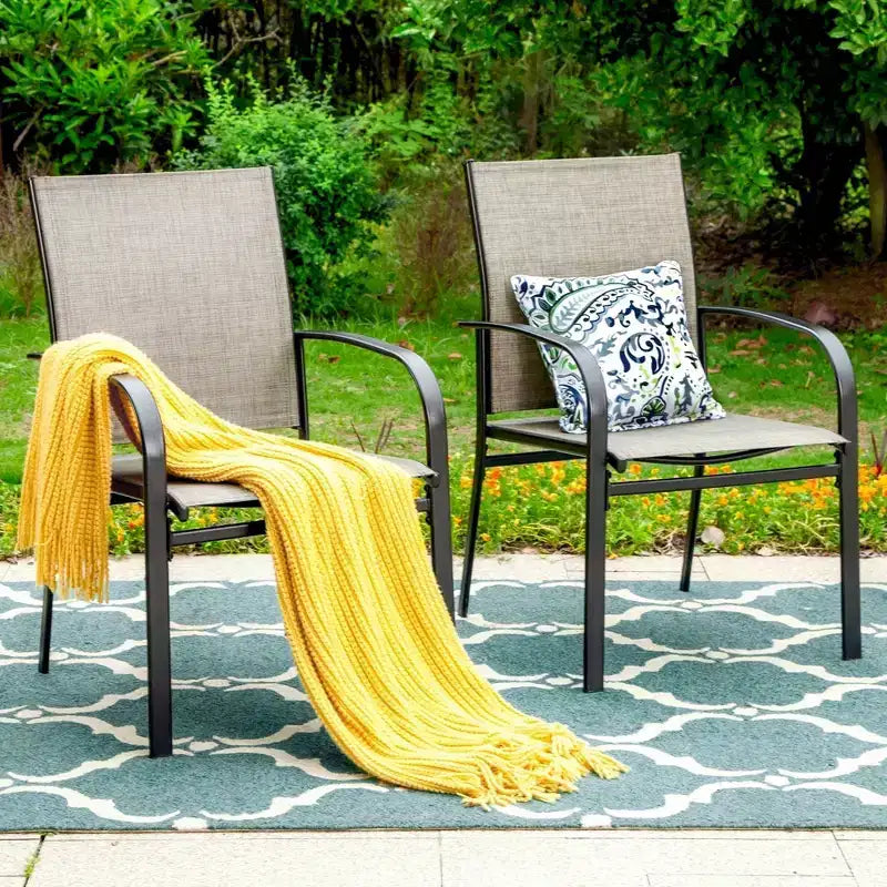 7pc Patio Dining Set with Faux Wood/Steel Table with Umbrella Hole & Metal Padded Arm Chairs - Captiva Designs