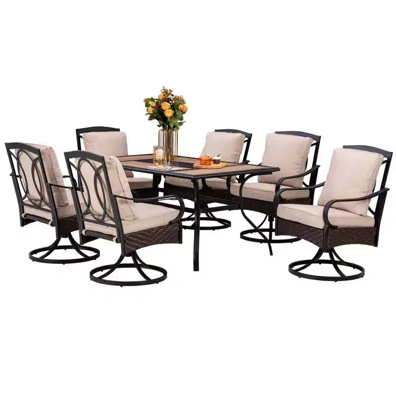 Ensemble de salle à manger extérieur 7 pièces avec chaises pivotantes avec coussins d'assise et de dossier et table en faux bois avec cadre en métal et trou pour parasol - Captiva Designs