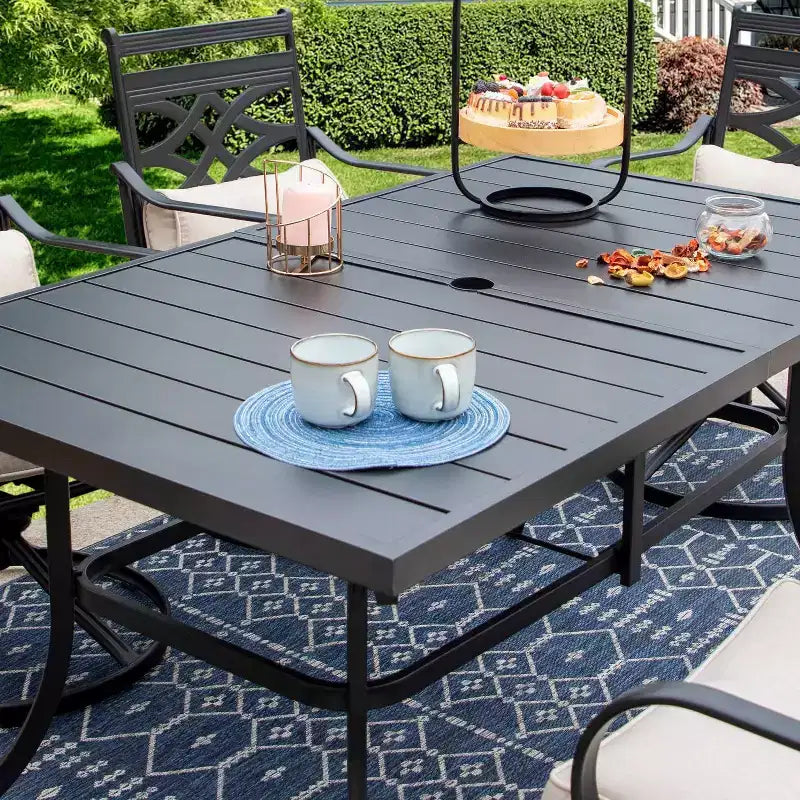 7pc Outdoor Dining Set with Swivel Chairs with Cushions & Steel Table with Umbrella Hole - Captiva Designs