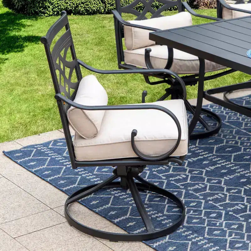 7pc Outdoor Dining Set with Swivel Chairs with Cushions & Steel Table with Umbrella Hole - Captiva Designs