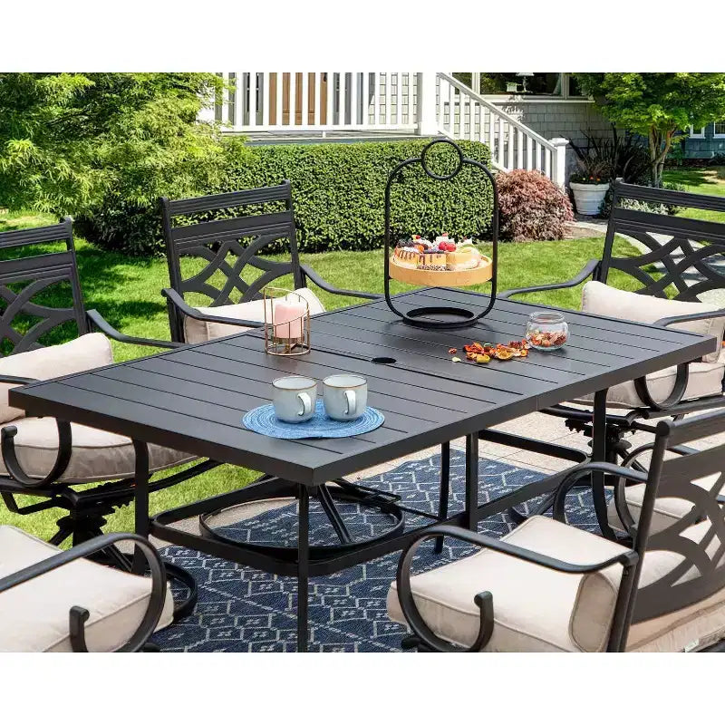 7pc Outdoor Dining Set with Swivel Chairs with Cushions & Steel Table with Umbrella Hole - Captiva Designs