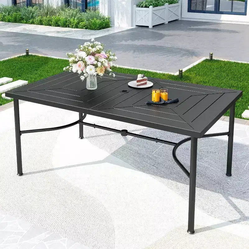 Ensemble de salle à manger d'extérieur 7 pièces avec chaises pivotantes et grande table rectangulaire en métal avec trou pour parasol - Captiva Designs : Revêtement E, résistant aux intempéries