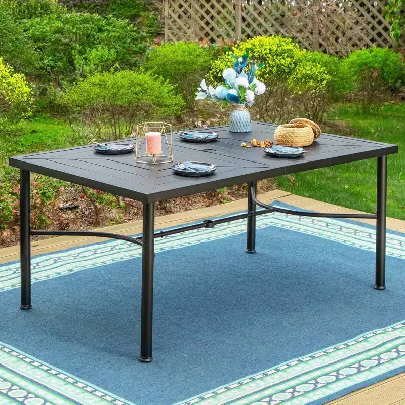 Ensemble de salle à manger d'extérieur 7 pièces avec chaises pivotantes et grande table rectangulaire en métal avec trou pour parasol - Captiva Designs : Revêtement E, résistant aux intempéries