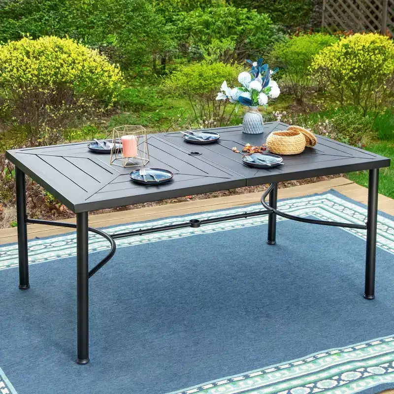 Ensemble de salle à manger d'extérieur 7 pièces avec chaises pivotantes et grande table rectangulaire en métal avec trou pour parasol - Captiva Designs : Revêtement E, résistant aux intempéries