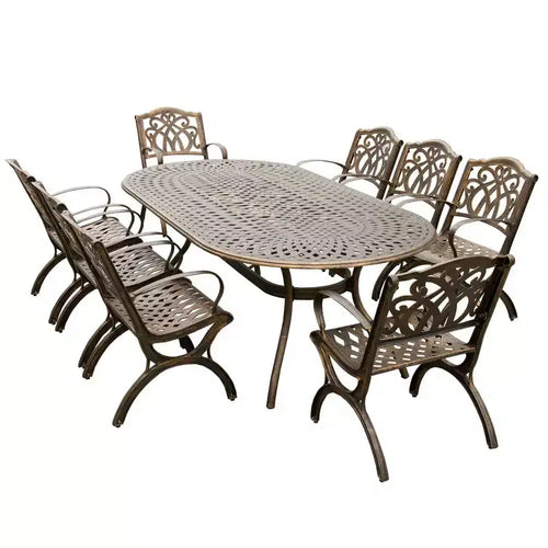 9pc Patio Dining Set with 95" Modern Mesh Lattice Aluminum Oval Table & Arm Chairs - Bronze - Oakland Living: UV-Resistant, Weatherproof