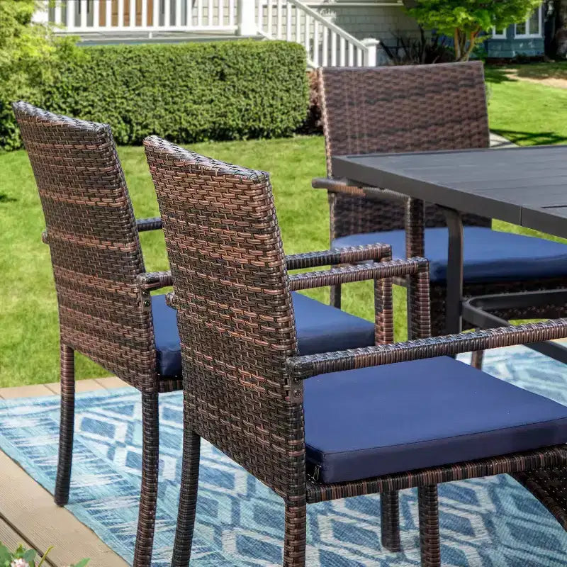 7pc Patio Dining Set with Rectangle Table with 2.6" Umbrella Hole & Rattan Wicker Arm Chairs - Black - Captiva Designs