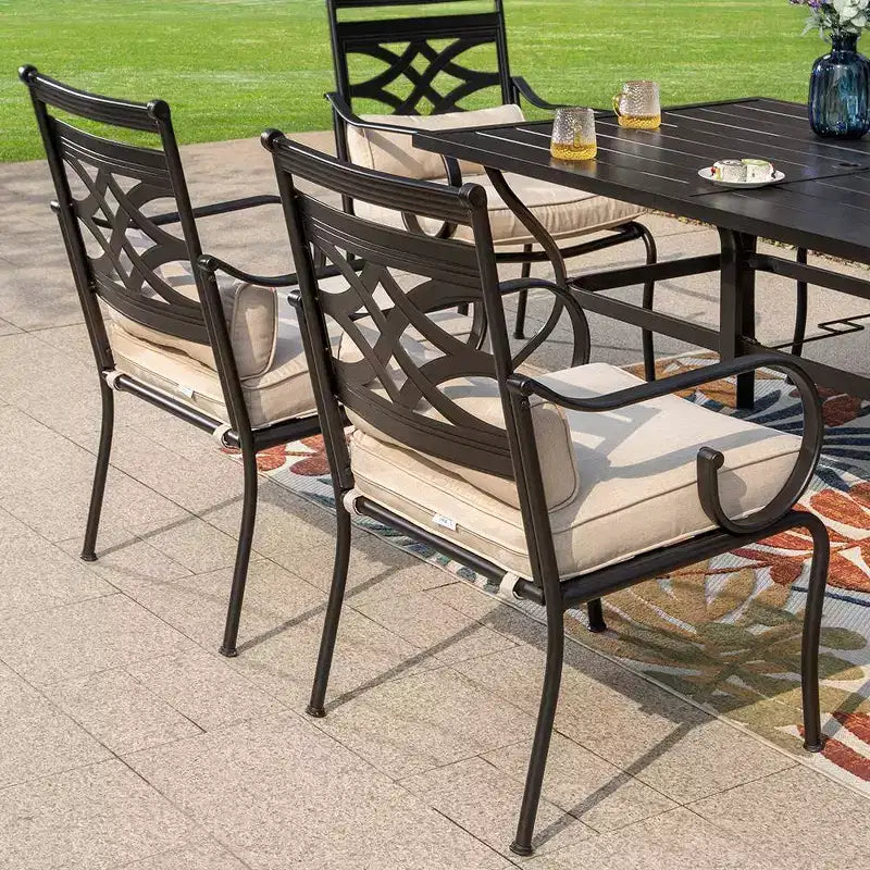 7pc Outdoor Dining Set with Chairs with Seat & Back Cushions & Metal Table with Umbrella Hole