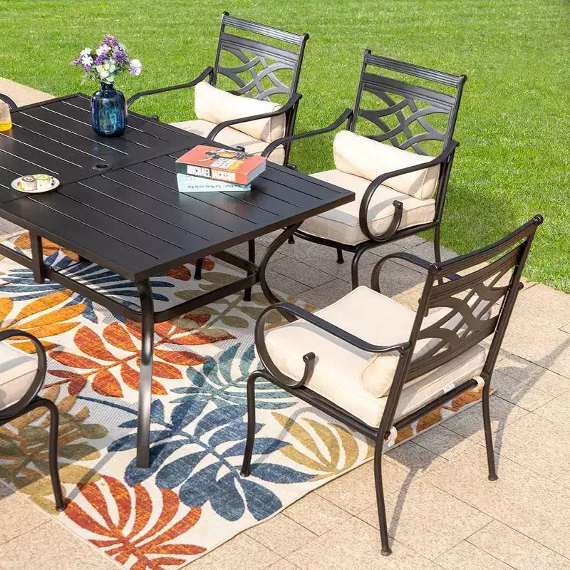 7pc Outdoor Dining Set with Chairs with Seat & Back Cushions & Metal Table with Umbrella Hole