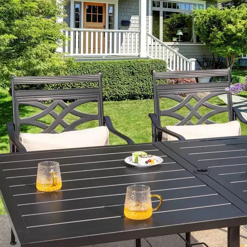 7pc Outdoor Dining Set with Chairs with Seat & Back Cushions & Metal Table with Umbrella Hole