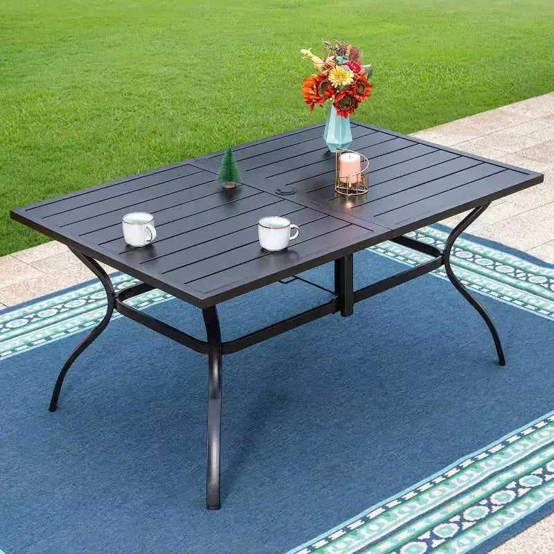 7pc Outdoor Dining Set with Chairs with Seat & Back Cushions & Metal Table with Umbrella Hole