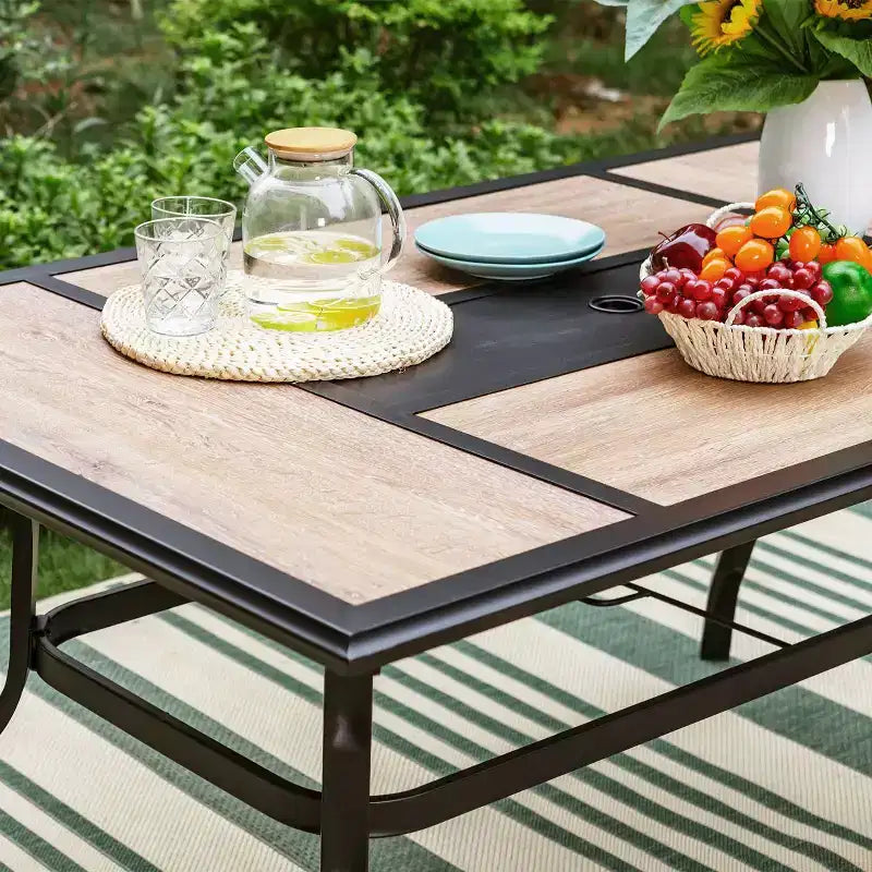 7pc Outdoor Dining Set with 2 Swivel Chairs & Faux Wood Table with Umbrella Hole - Captiva Designs: Weather-Resistant Patio Furniture