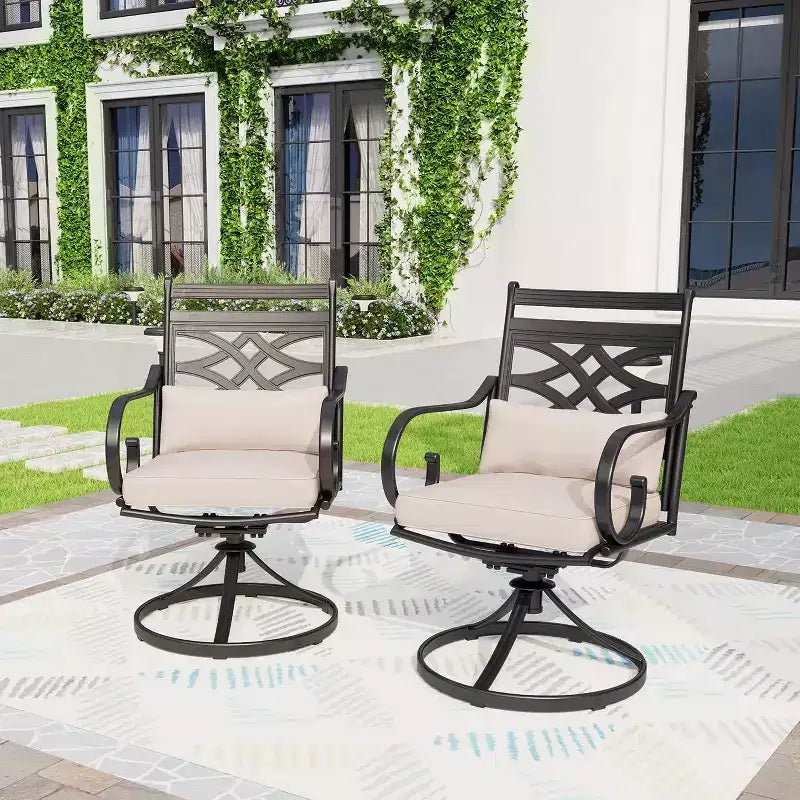 7pc Outdoor Dining Set with 2 Swivel Chairs & Faux Wood Table with Umbrella Hole - Captiva Designs: Weather-Resistant Patio Furniture