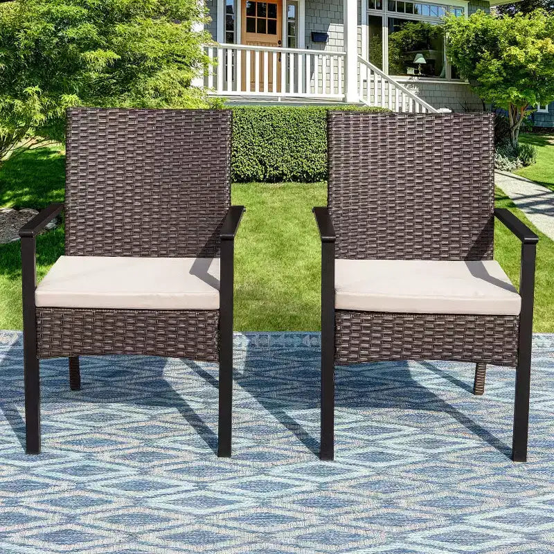 Ensemble de salle à manger d'extérieur 7 pièces : Table en acier, chaises en osier, coussins - Captiva Designs
